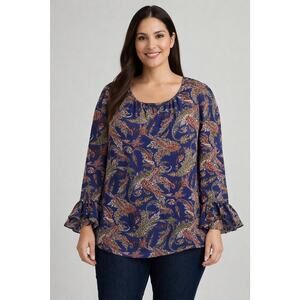 ALYX Women's Xlg Paisley Bell Sleeve Top Blouse USA Made Plus Size Boho Office
